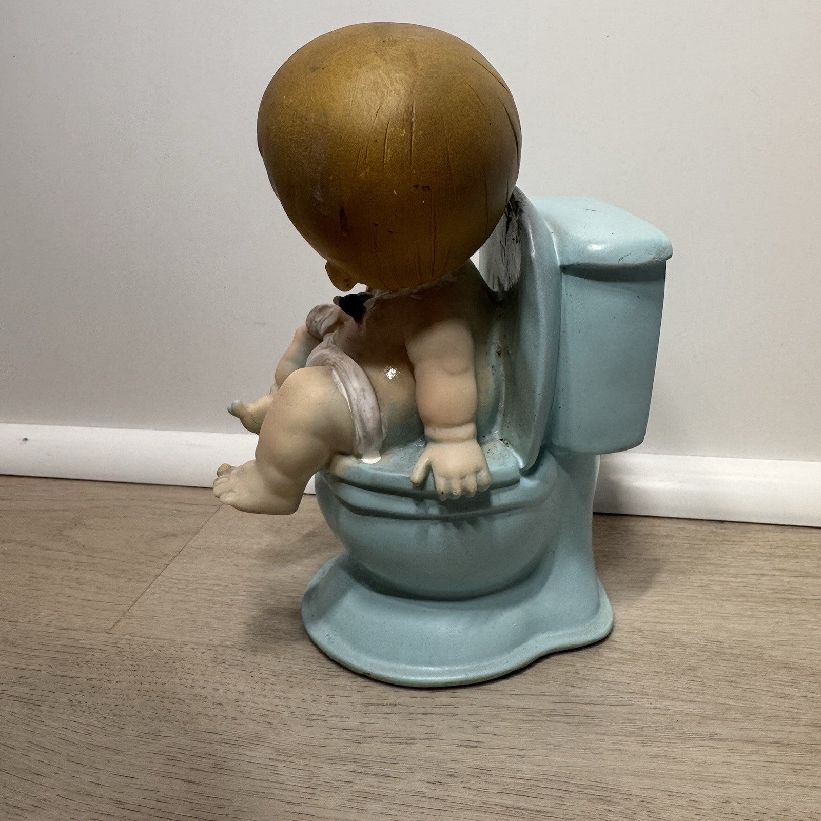 Vintage 1970s Potty Training Baby Coin Bank Kitsch Blue Toilet Chalkware MCM 6"