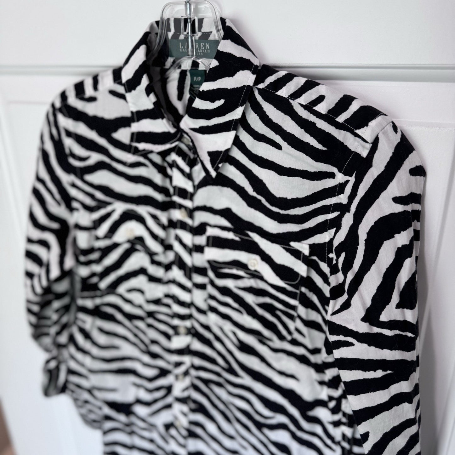 Lauren Ralph Lauren Petite Zebra Print Button Down Shirt Black White P/P