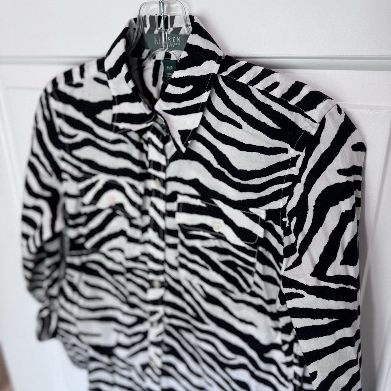Lauren Ralph Lauren Petite Zebra Print Button Down Shirt Black White P/P