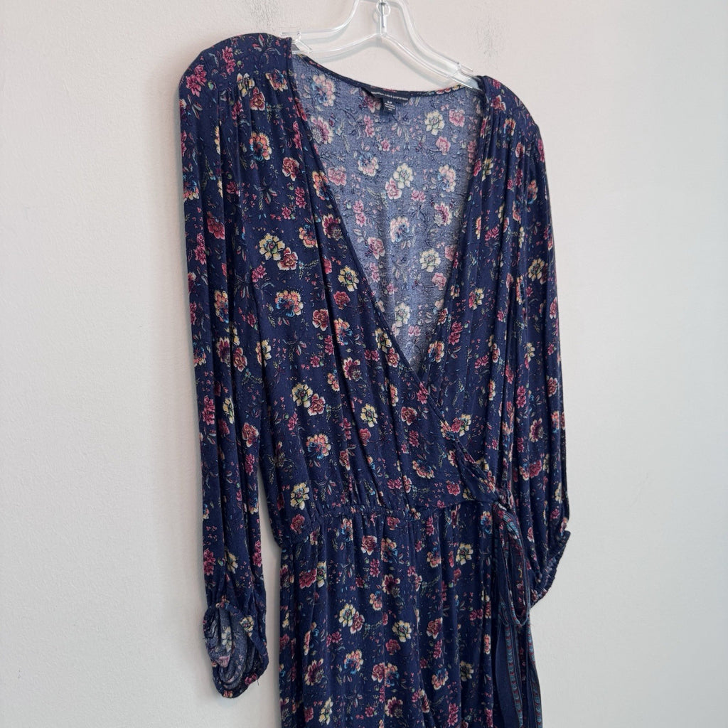 American Eagle Floral Wrap Romper Dress Small Blue Boho Long Sleeve