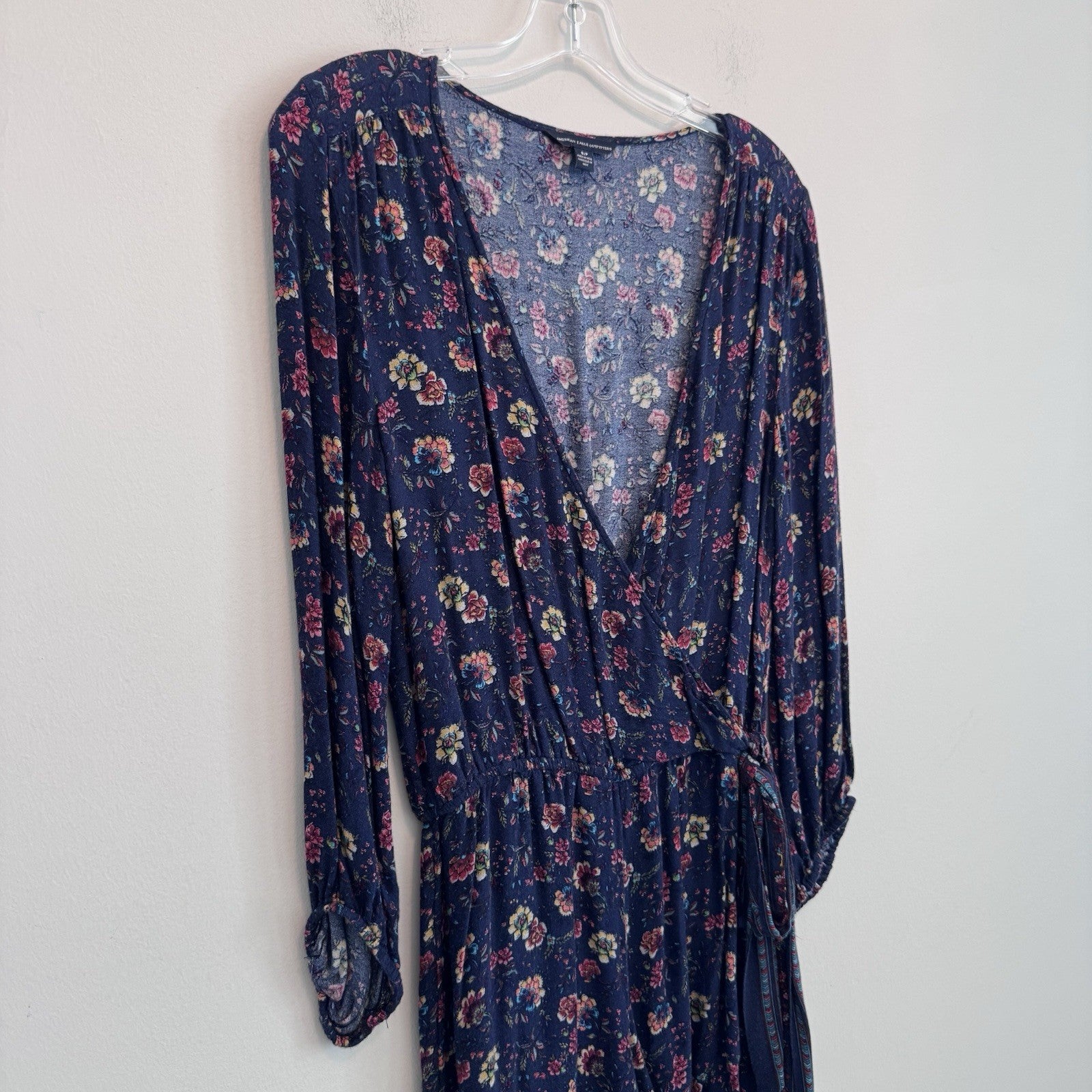 American Eagle Floral Wrap Romper Dress Small Blue Boho Long Sleeve
