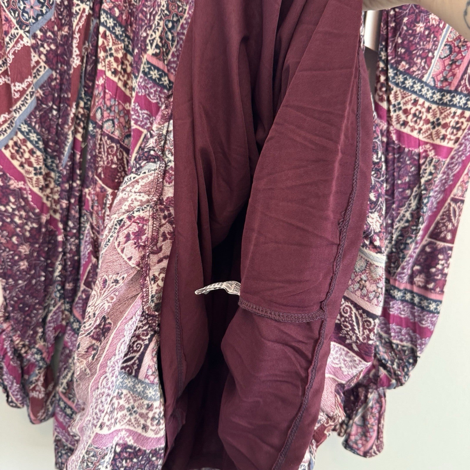 NWT Aura Shop Red Dress XS Purple Boho Patchwork Smocked Long Sleeve Mini Dress
