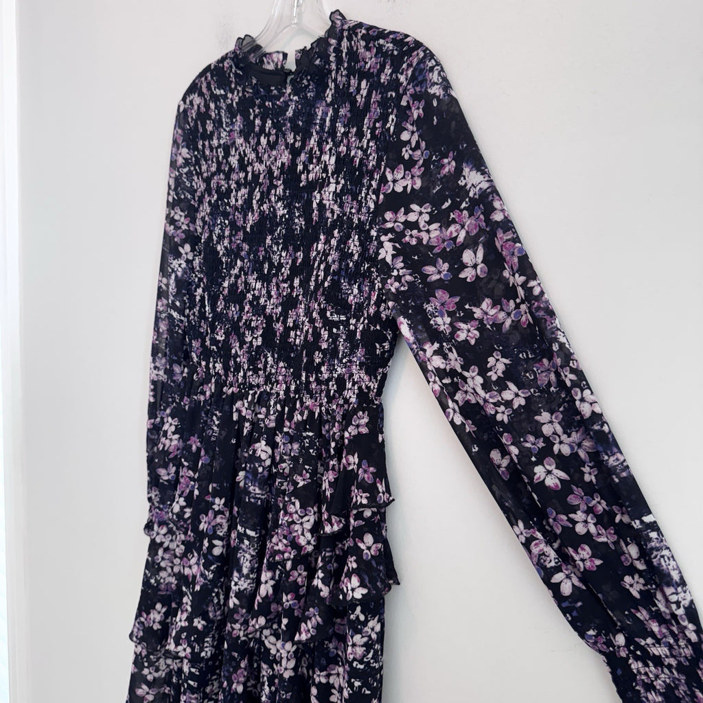 EST. 1946 Women’s Floral Smocked Ruffle Dress Black Purple Size S Lined CATOS