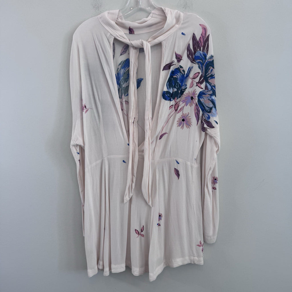 Free People Medium Floral Tie Gemma Dress Tunic Top Pink Blue Boho Rayon Womens