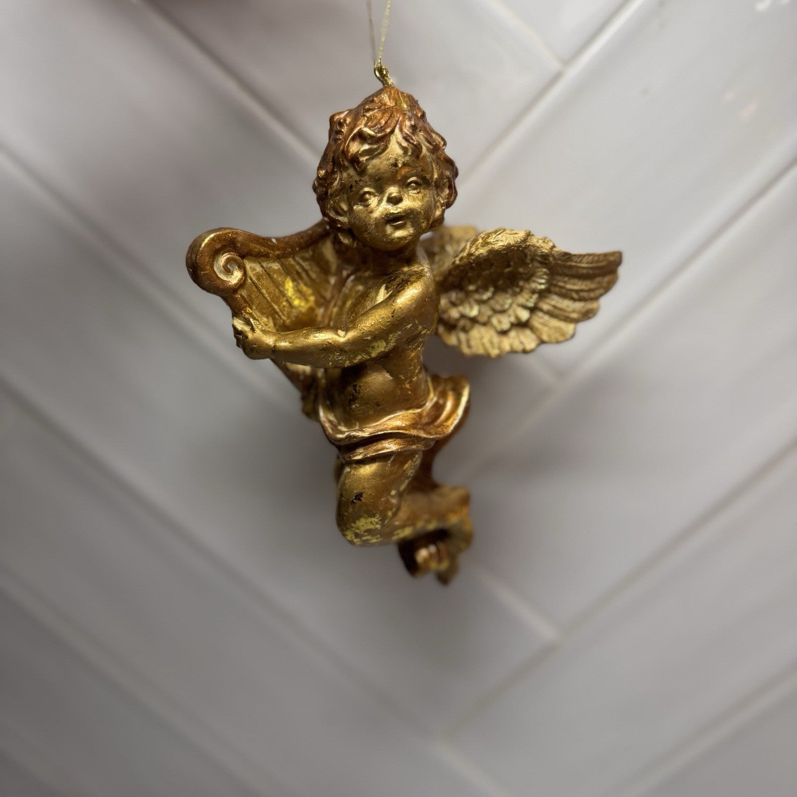 Gold Cherub Angel Ornament Harp Vintage Christmas Decor