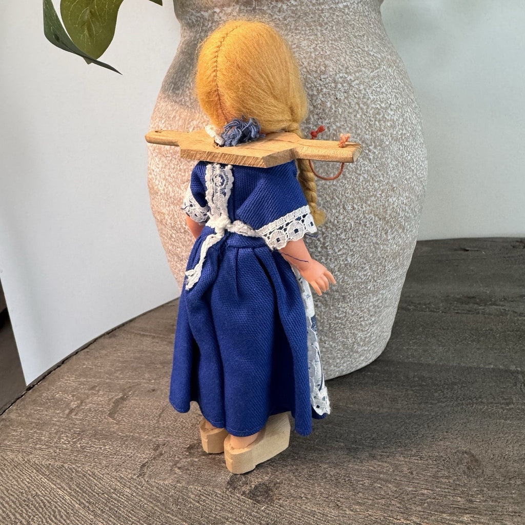 Vintage Dutch Girl Doll 7" Blonde Braids Wooden Clogs Windmill Dress Yoke