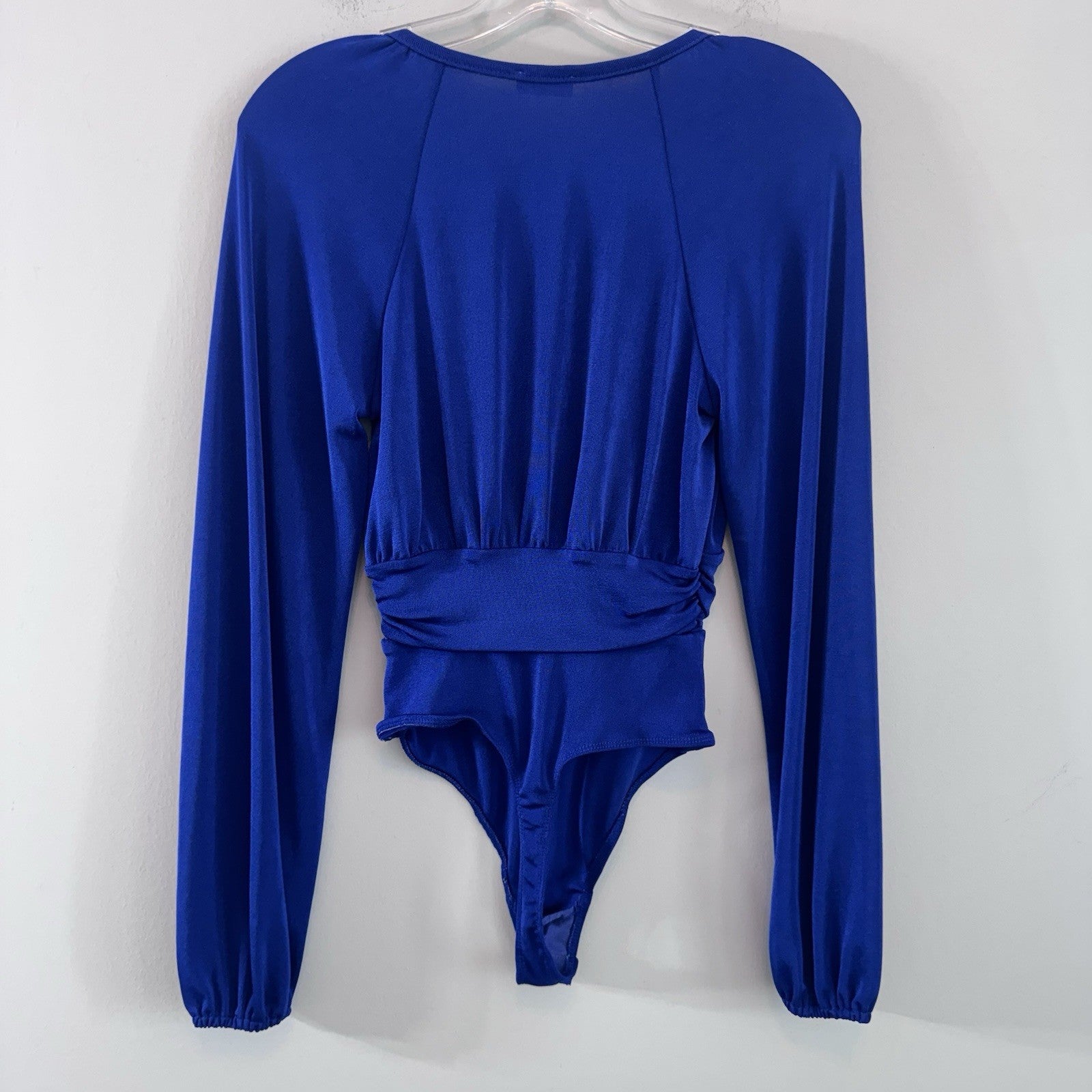 Free People Intimately Blue Long Sleeve Bodysuit Deep V Ruched Sz XS