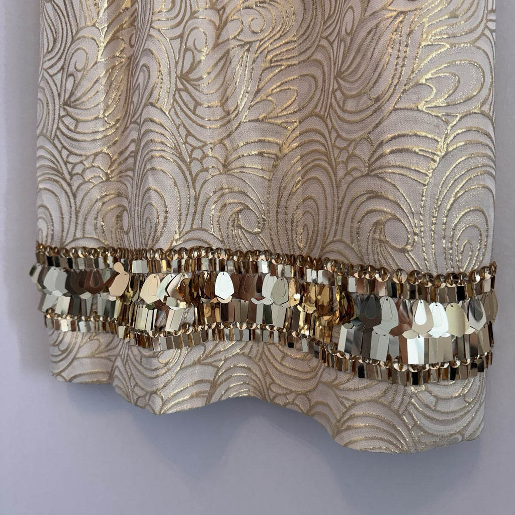 Lilly Pulitzer XS Silk Gold Metallic Fil Coupe Shift Dress Sequin Fringe Hem