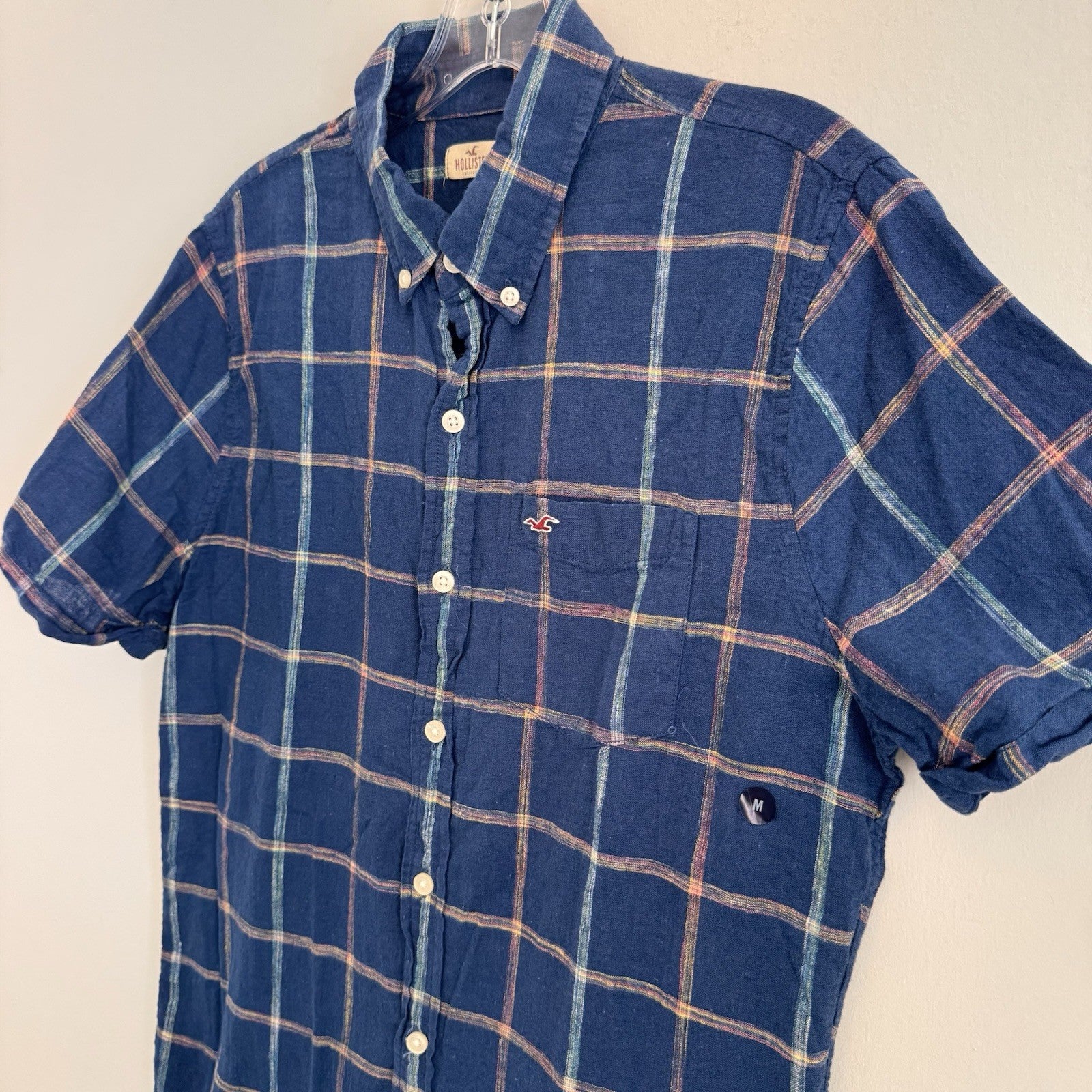 Hollister Plaid Button Down Shirt Mens M Blue Cotton Blend Short Sleeve Casual 