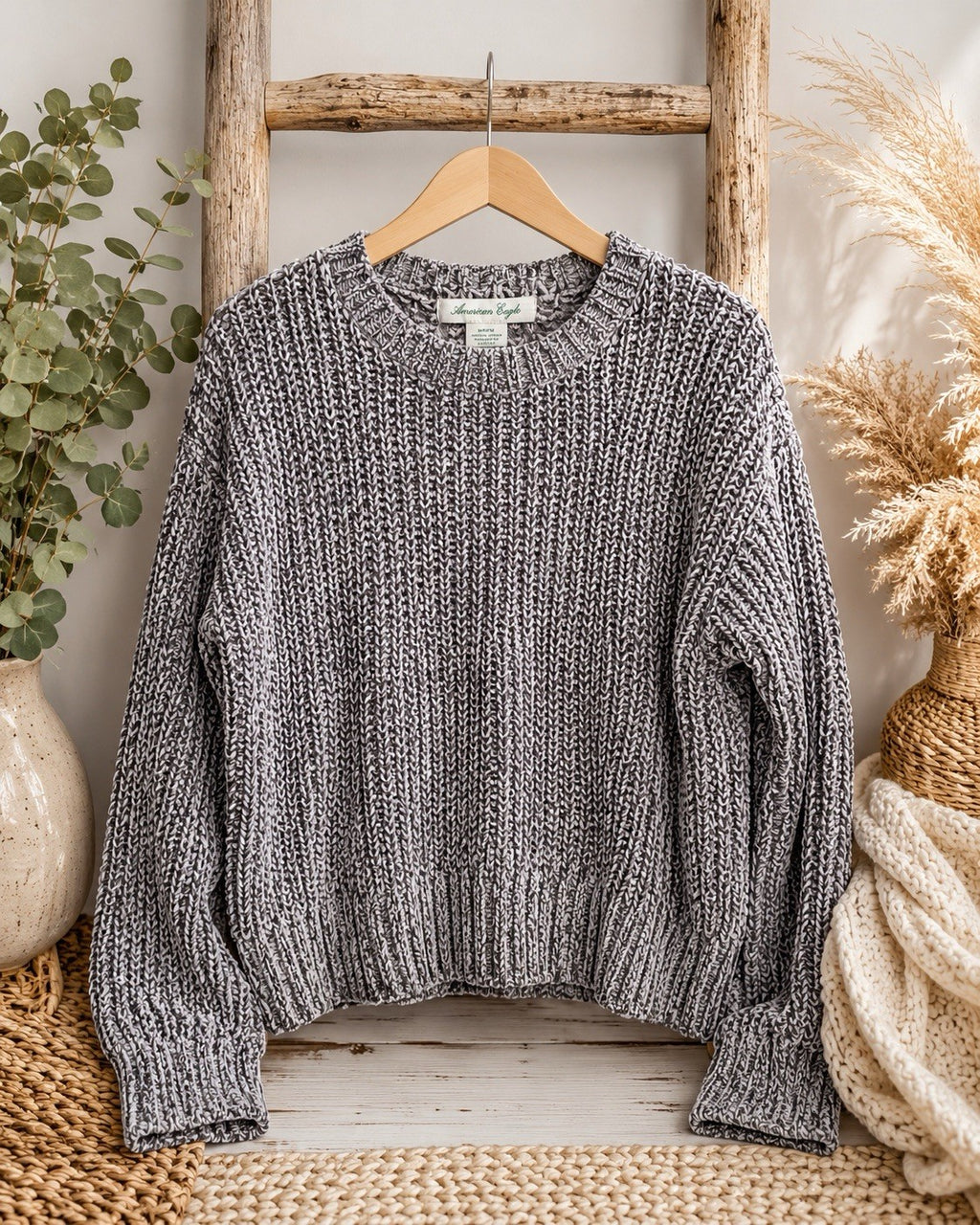 American Eagle Chunky Knit Sweater Women M Gray Marled Cozy Chenille