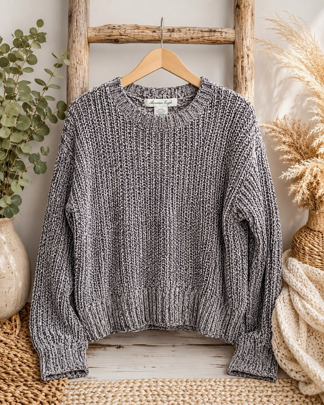 American Eagle Chunky Knit Sweater Women M Gray Marled Cozy Chenille