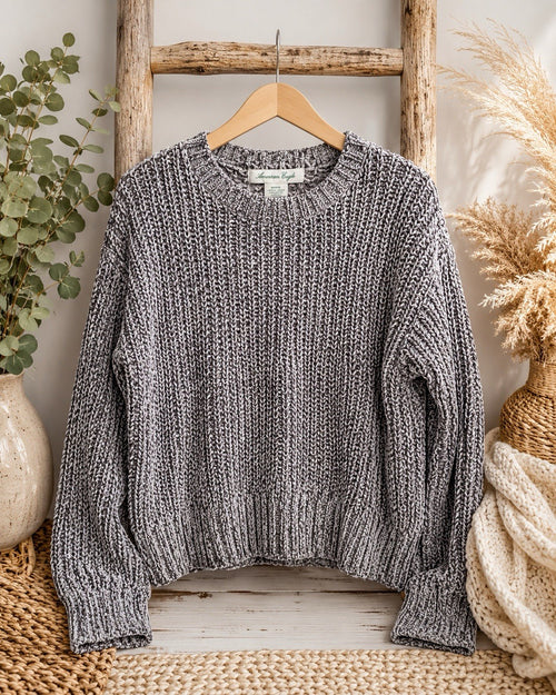American Eagle Chunky Knit Sweater Women M Gray Marled Cozy Chenille