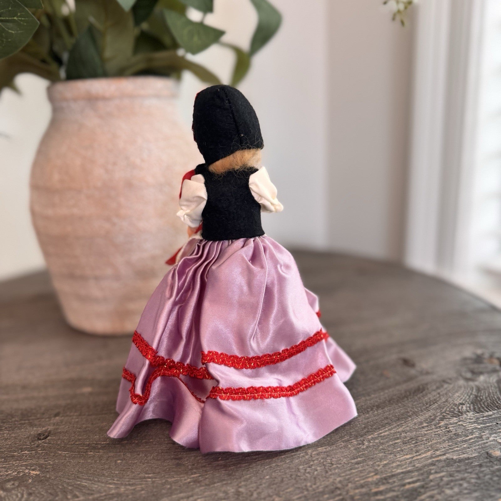 Vintage 1950s Hard Plastic Souvenir Doll Purple Satin Skirt Made in USA