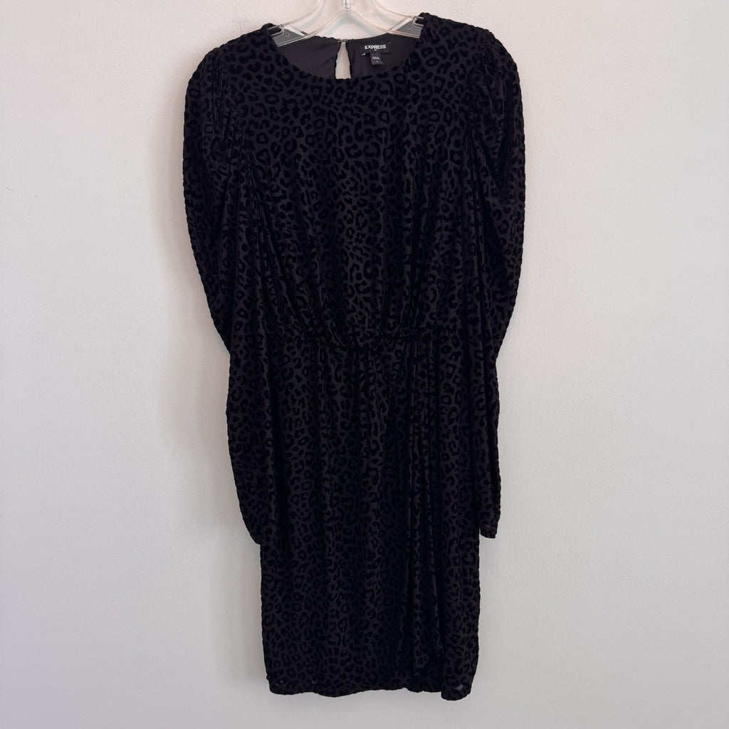 Express Women Small S Leopard Print Burnout Velvet Dress Puff Sleeve Mob Wife