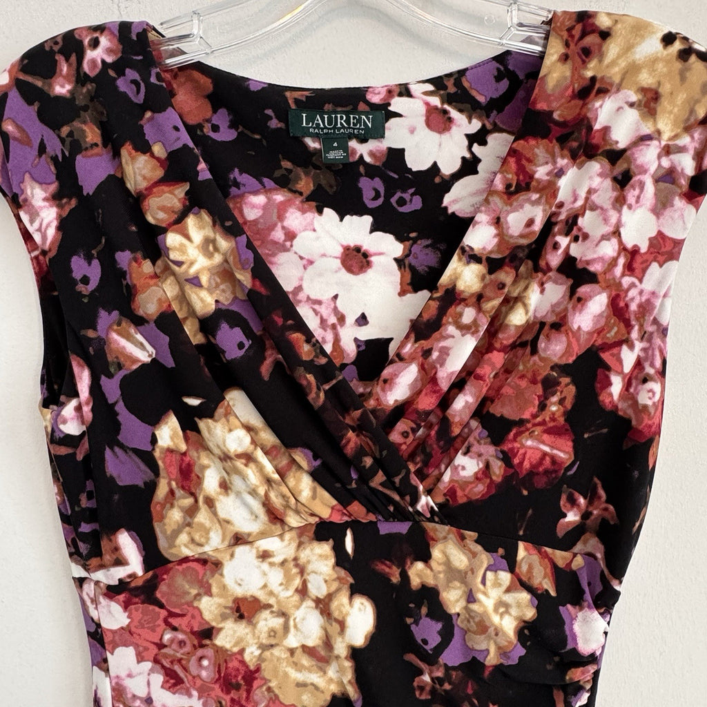 Lauren Ralph Lauren Floral V-Neck Sheath Dress Padded Shoulder Size 4