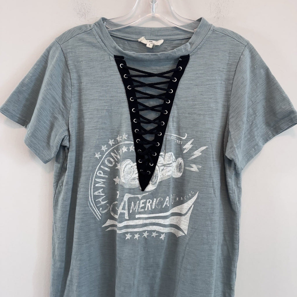Entro Lace Up Graphic Tee Shirt Women’s L Blue American Racing Y2K