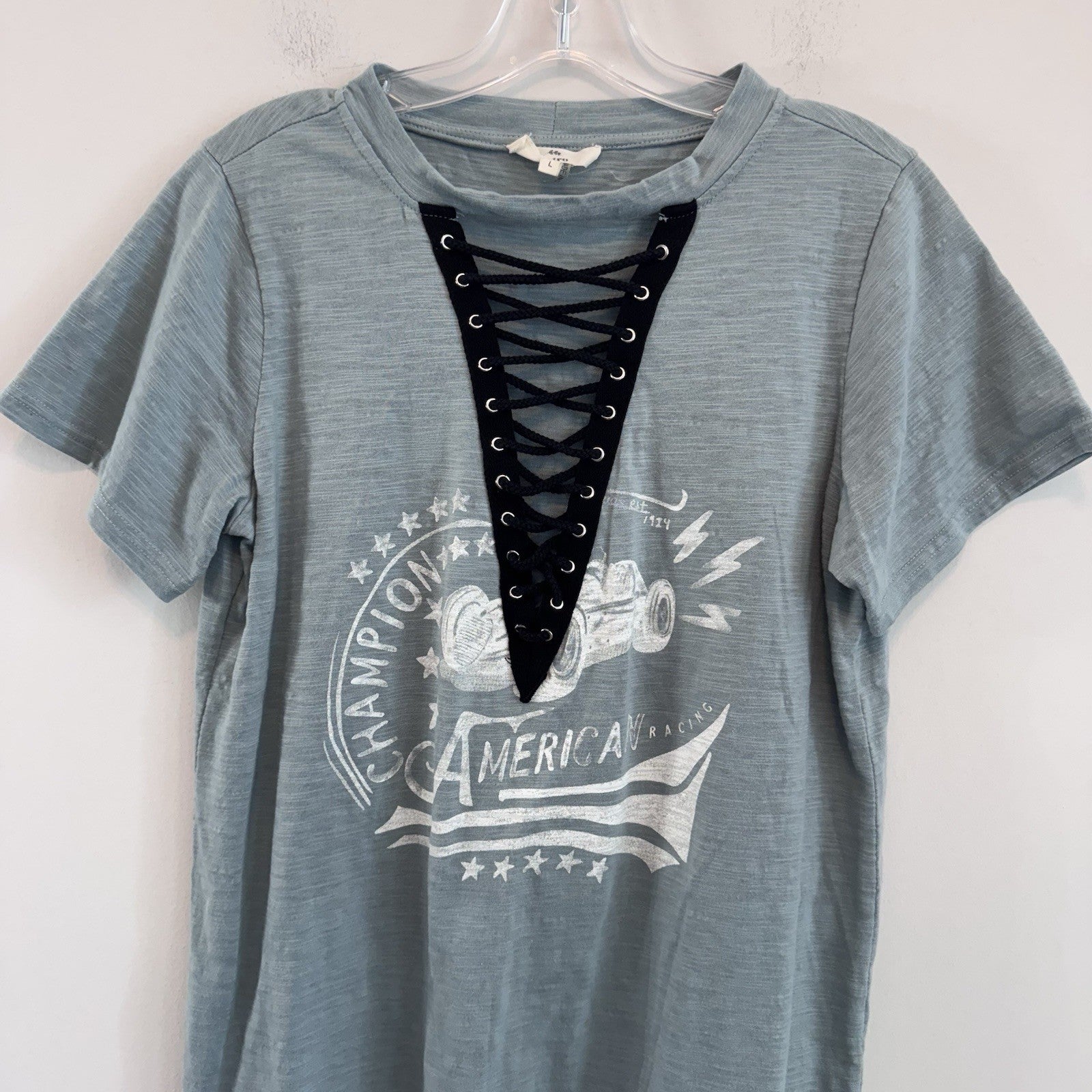 Entro Lace Up Graphic Tee Shirt Women’s L Blue American Racing Y2K
