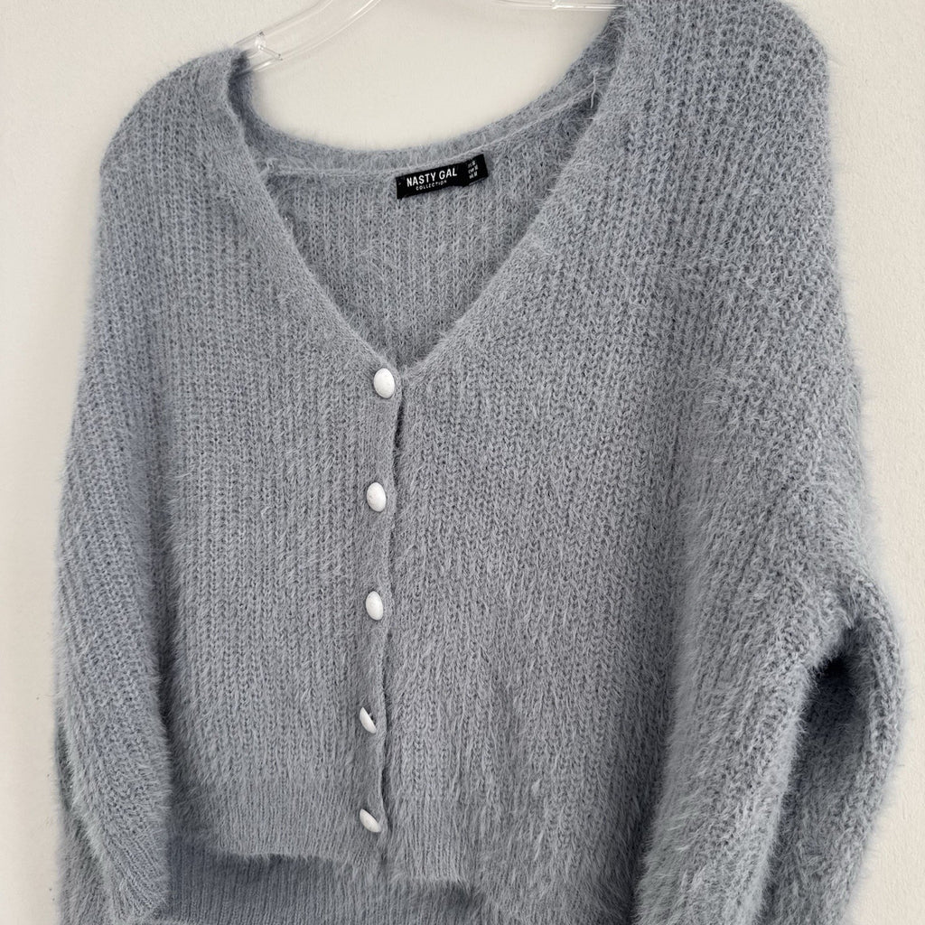 Nasty Gal Y2K Fuzzy Knit Cropped Cardigan Gray V Neck Button M