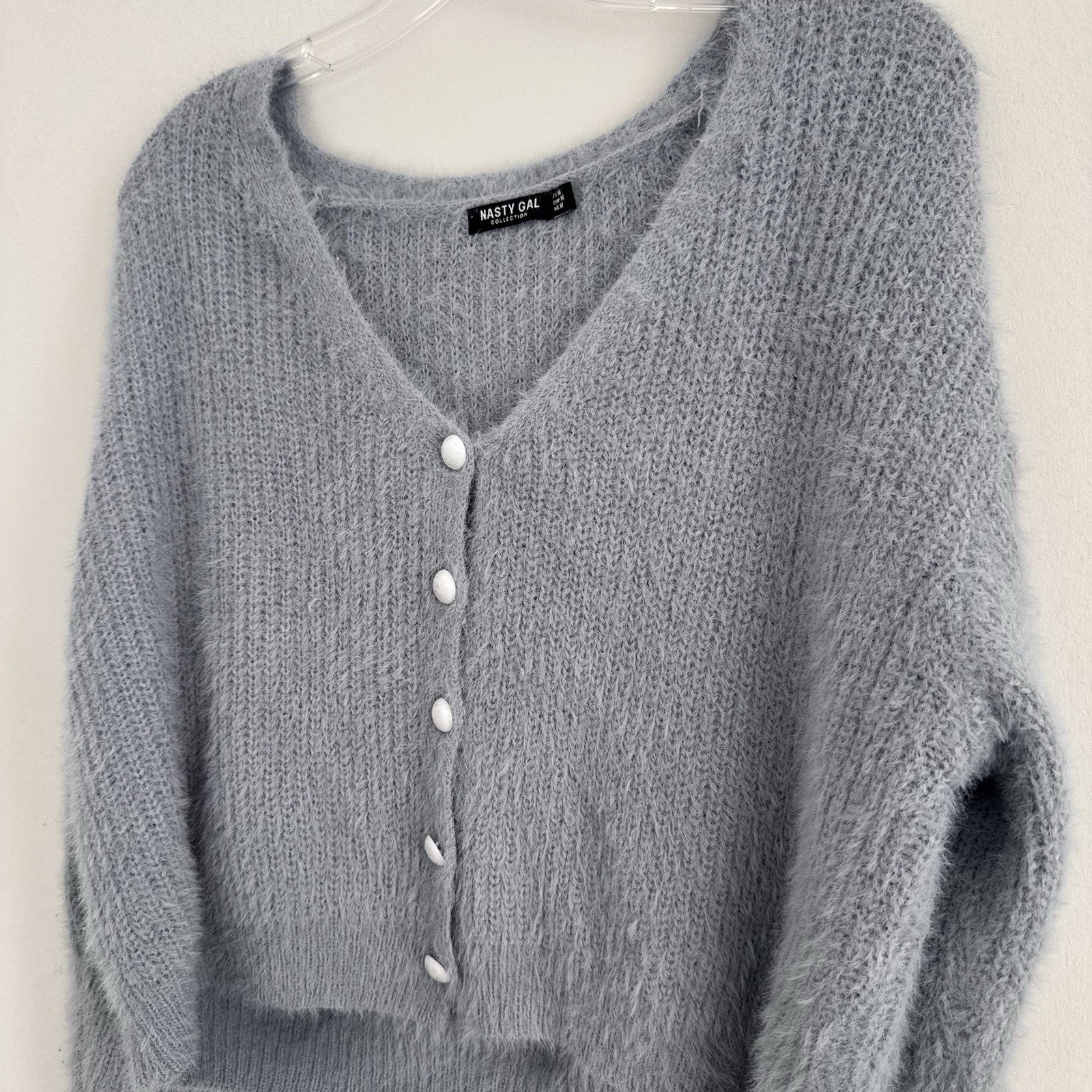 Nasty Gal Y2K Fuzzy Knit Cropped Cardigan Gray V Neck Button M