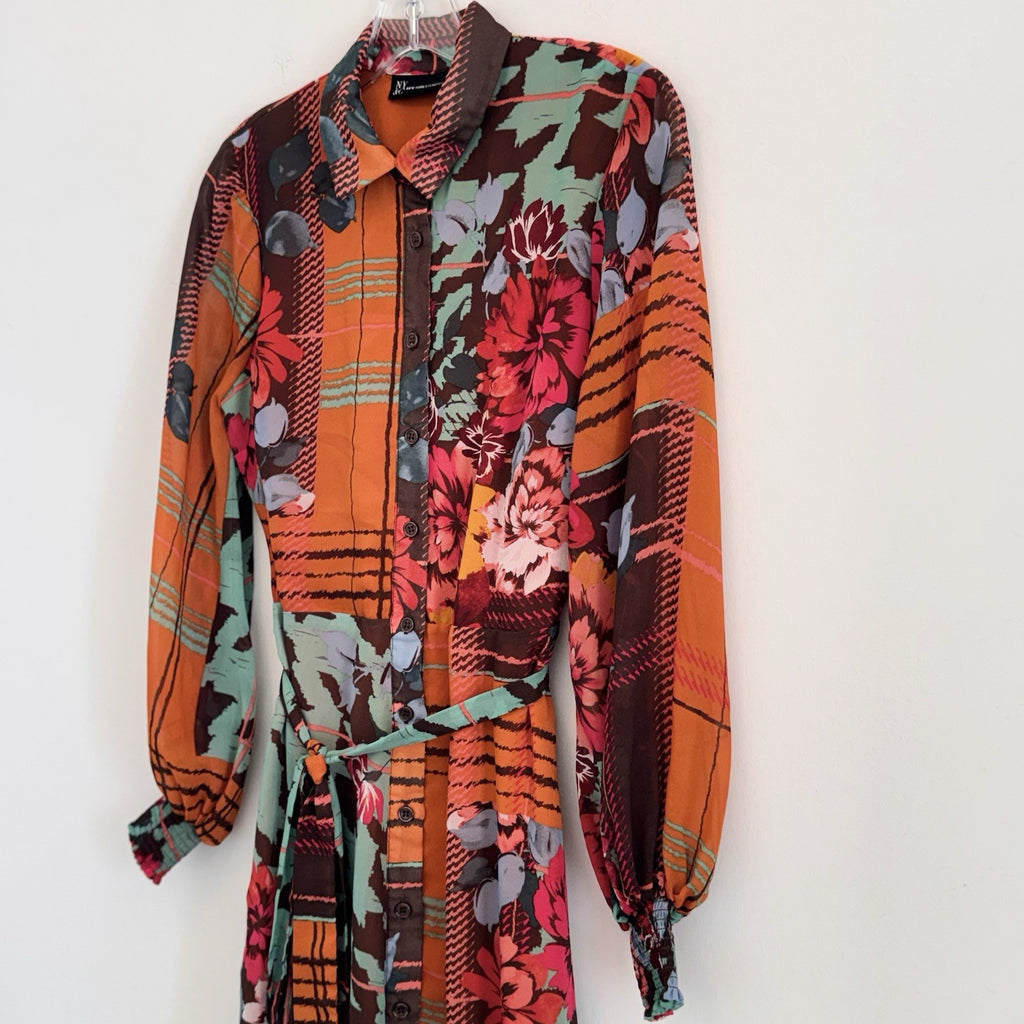 New York & Co XS Long Sleeve Midi Shirtdress Mixed Pattern Floral Plaid Belted