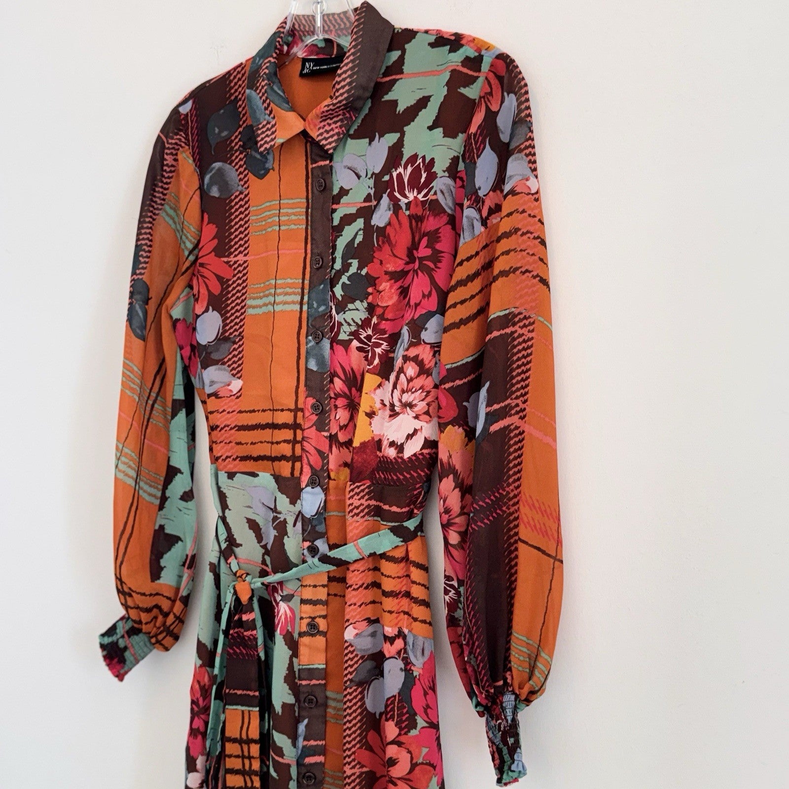 New York & Co XS Long Sleeve Midi Shirtdress Mixed Pattern Floral Plaid Belted
