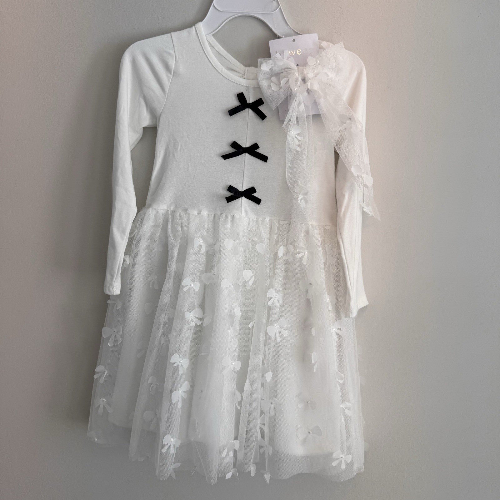 Btween Girls White Tulle Dress Size 8 Bow Detail Long Sleeve NWT With Bow