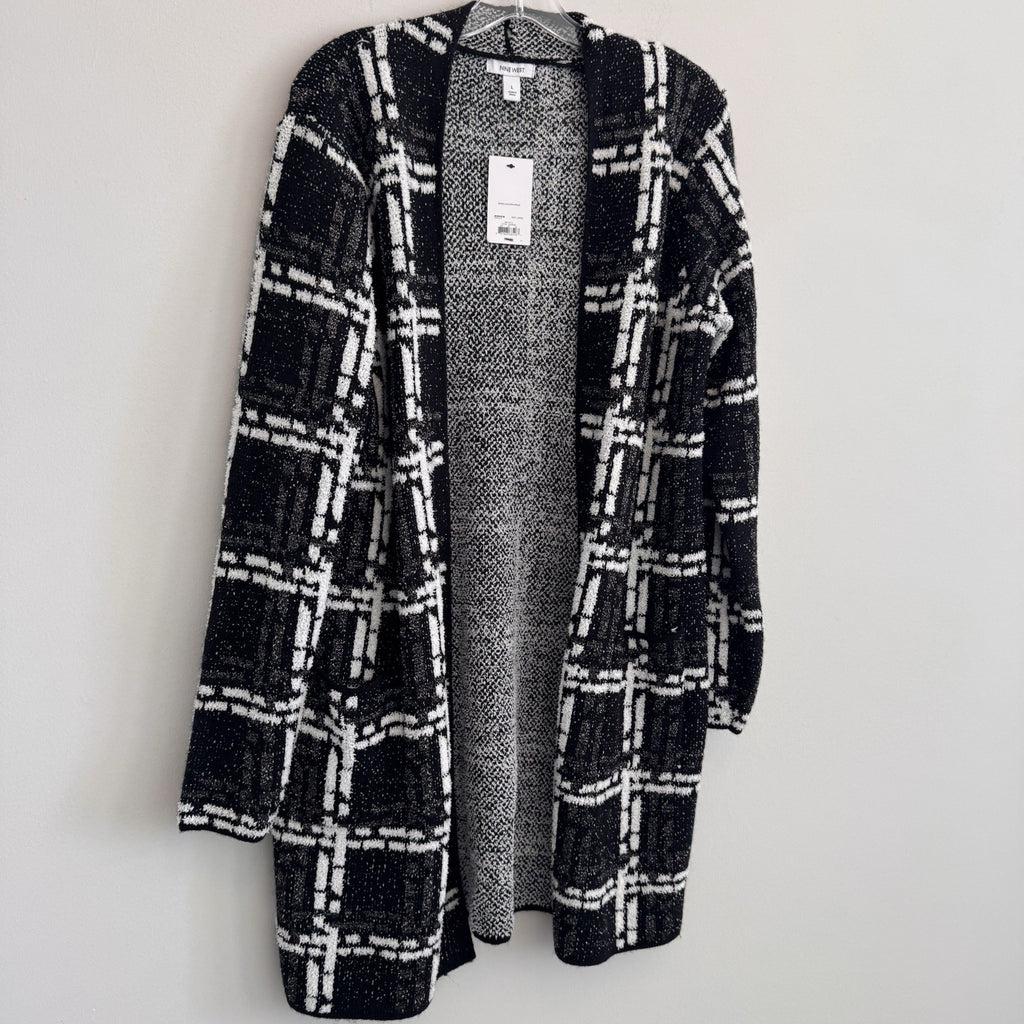 NWT Nine West Women's Large Black White Plaid Cardigan Metallic Knit AS-IS