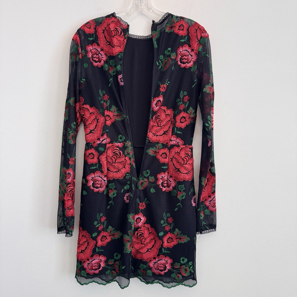 Nasty Gal Collection Women's S Black Mesh Red Rose Floral Embroidered Mini Dress