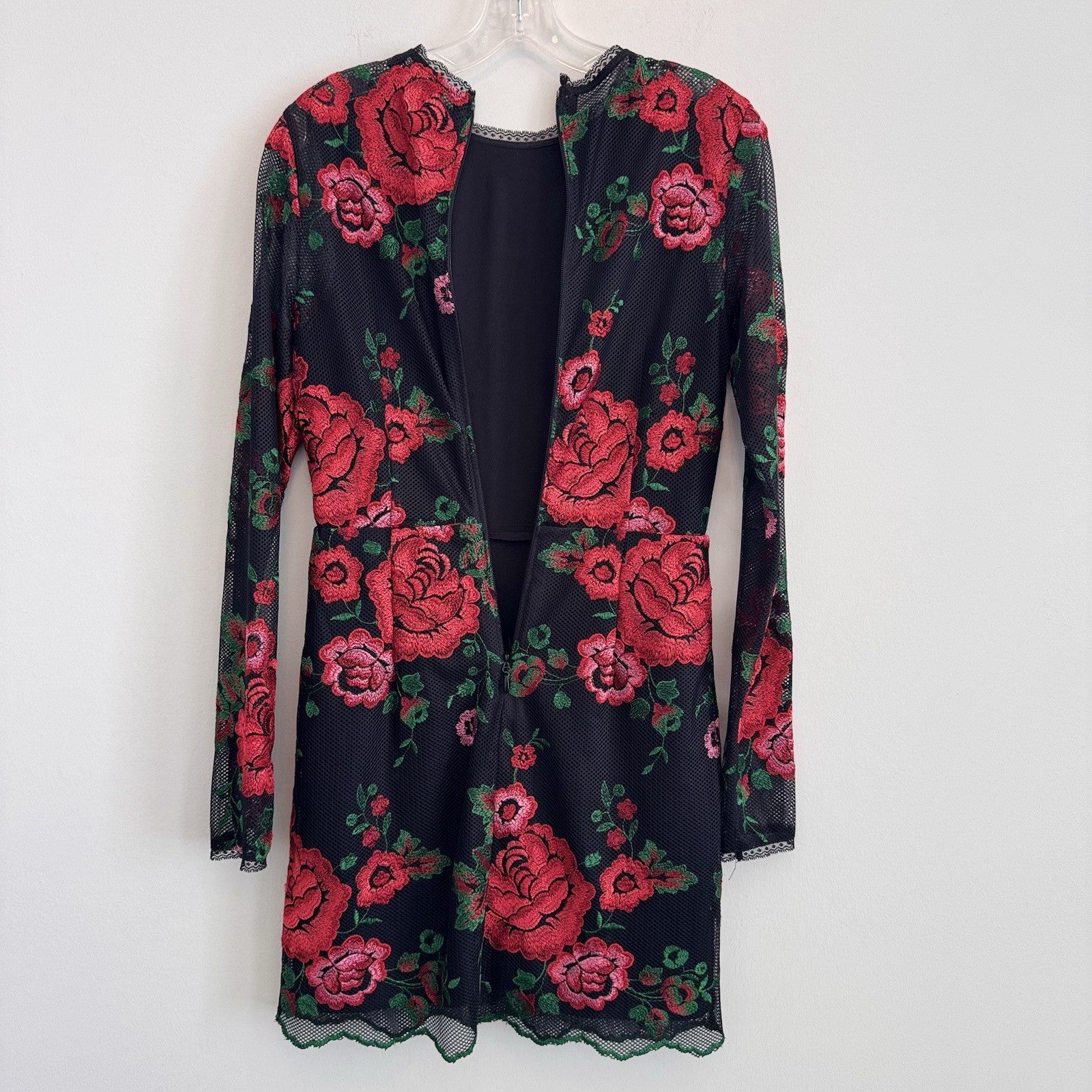 Nasty Gal Collection Women's S Black Mesh Red Rose Floral Embroidered Mini Dress