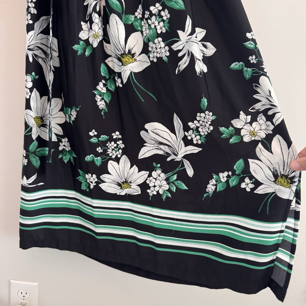 Jones New York NWT Medium Floral V-Neck Midi Dress Black Kelly Green Pockets