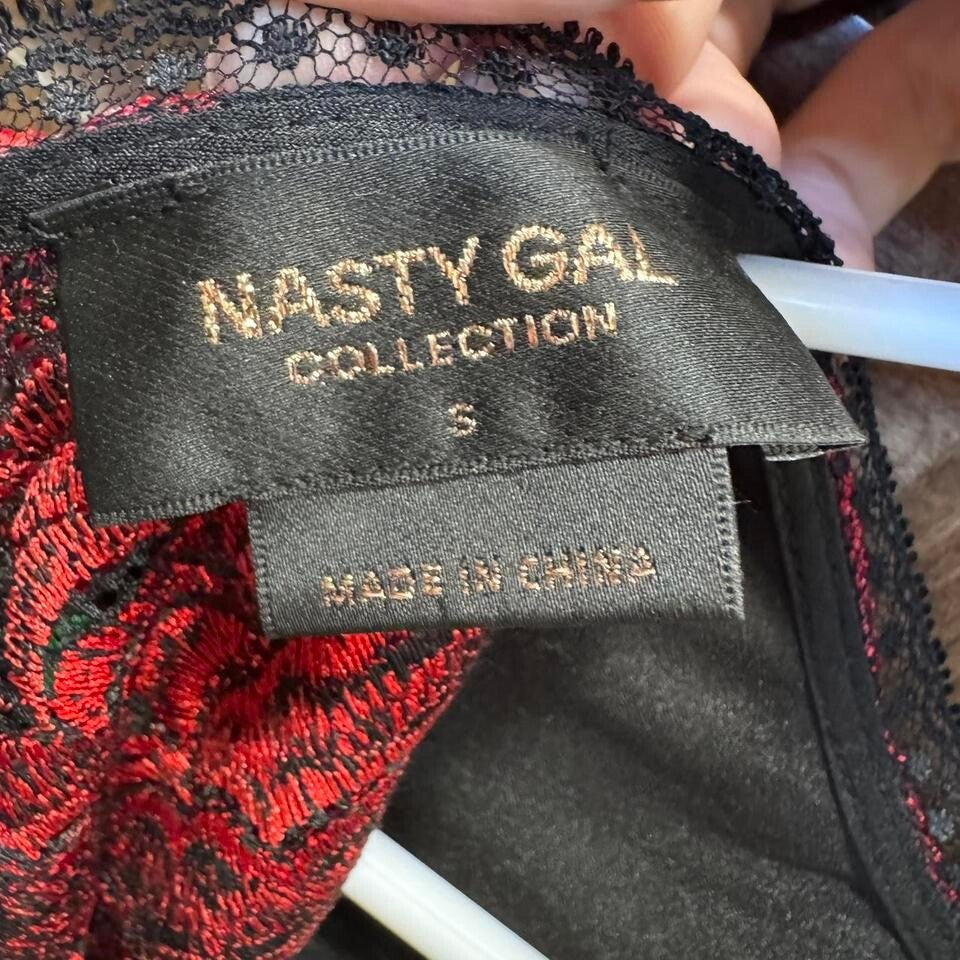 Nasty Gal Collection Floral Mesh Mini Dress Long Sleeve Black Red Green Size S