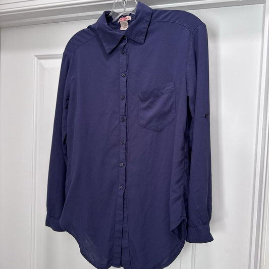 Y2K BODY CENTRAL Button Down Blouse Navy Blue Long Sleeve Top Medium
