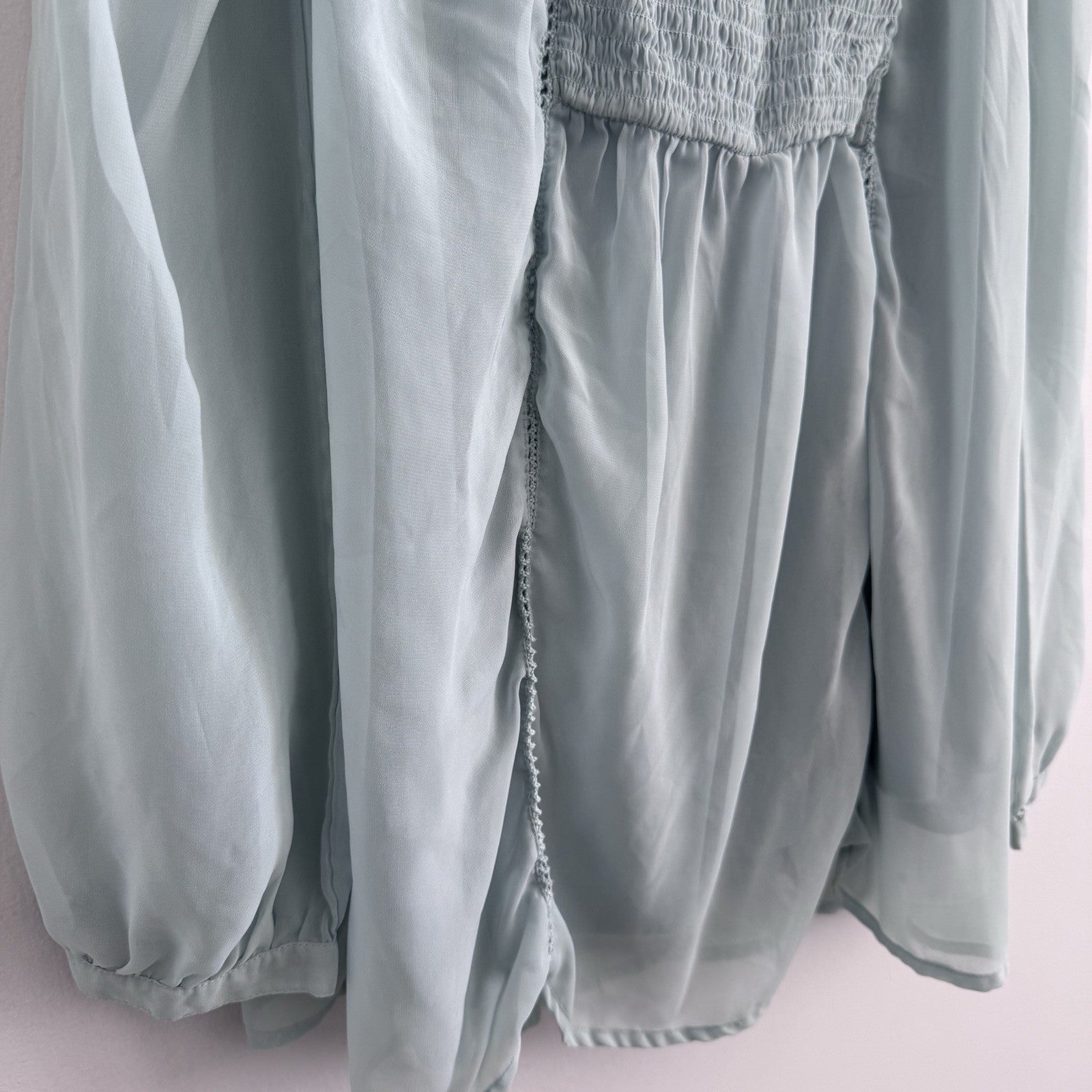 Women’s Motherhood Maternity Blouse Size S Smocked Chiffon Sage Long Sleeve