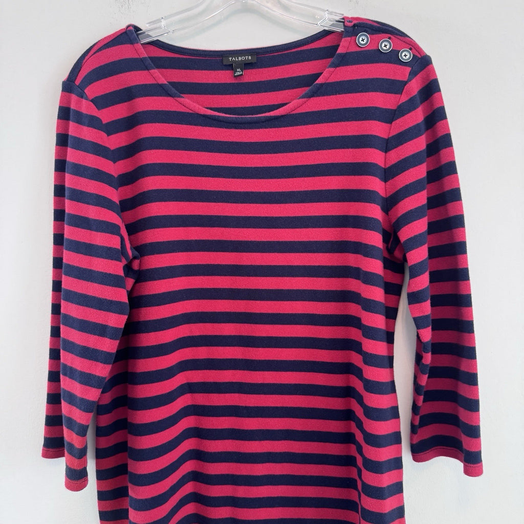 Talbots XL Red Navy Stripe Dress 3/4 Sleeve Nautical Button Shoulder
