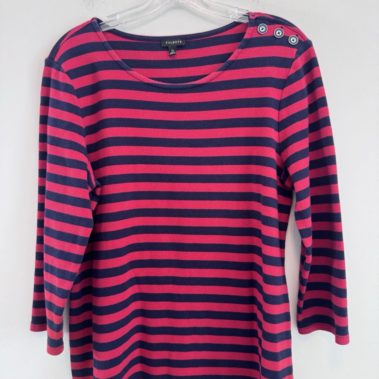 Talbots XL Red Navy Stripe Dress 3/4 Sleeve Nautical Button Shoulder