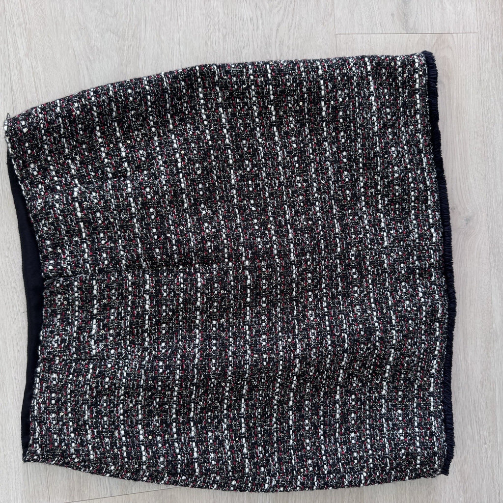 LOFT Tweed Pencil Skirt Size 4 Black Red White Fringe Trim Lined