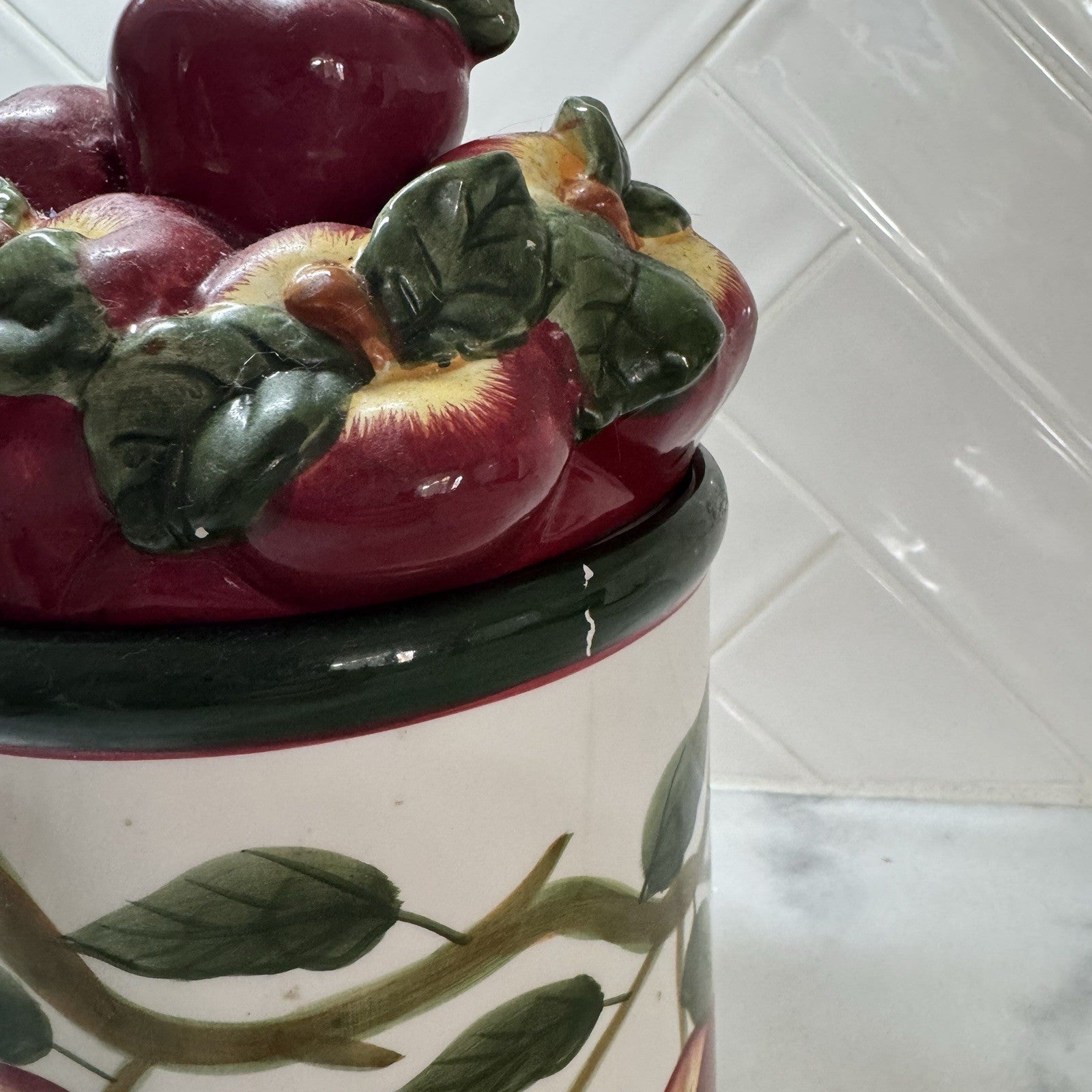 Vintage Apple Cookie Jar Ceramic Kitchen Canister Red Apples Fruit Decor