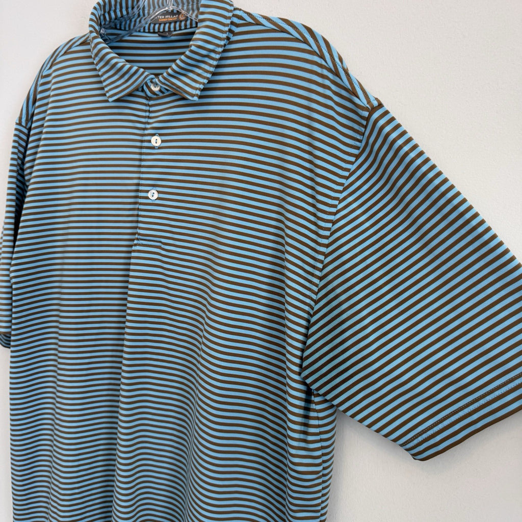 Peter Millar Summer Comfort Polo Shirt Mens Large Blue Brown Striped Golf