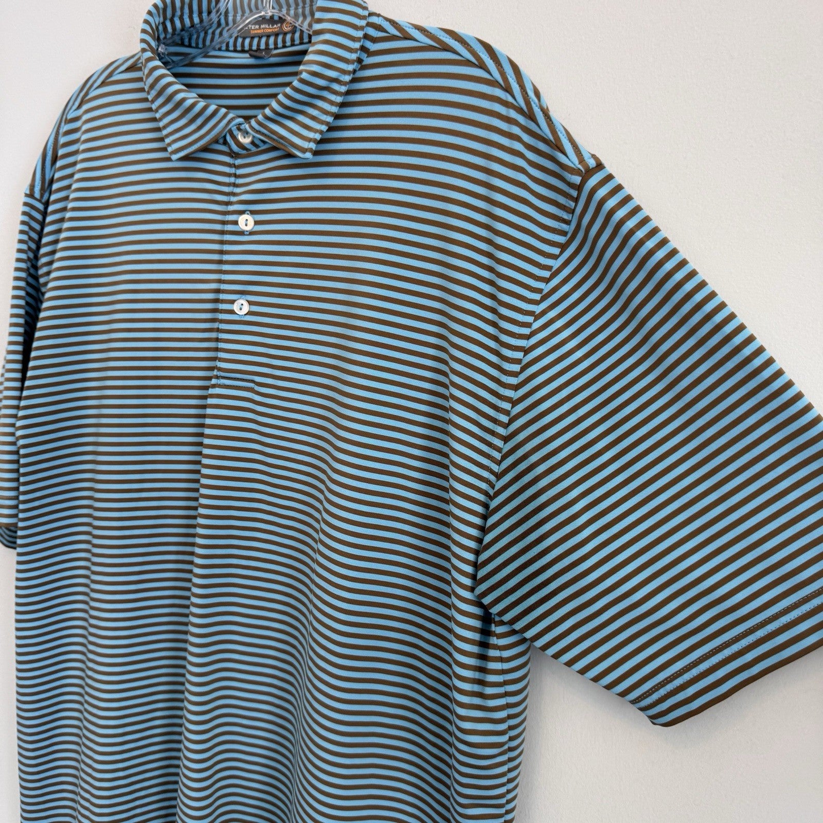 Peter Millar Summer Comfort Polo Shirt Mens Large Blue Brown Striped Golf