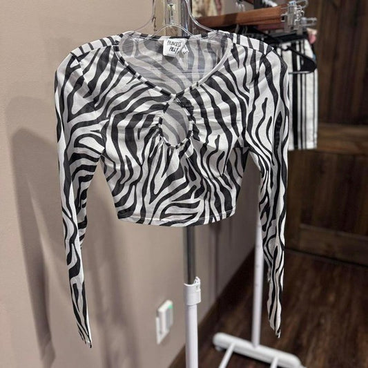 Princess Polly size 2 Mesh Black and white zebra print long sleeve crop top