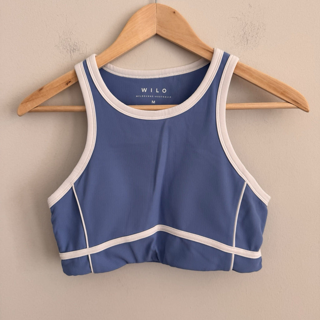 WILO Active Melbourne Australia Ribbed Sports Bra Blue White Contrast Trim M