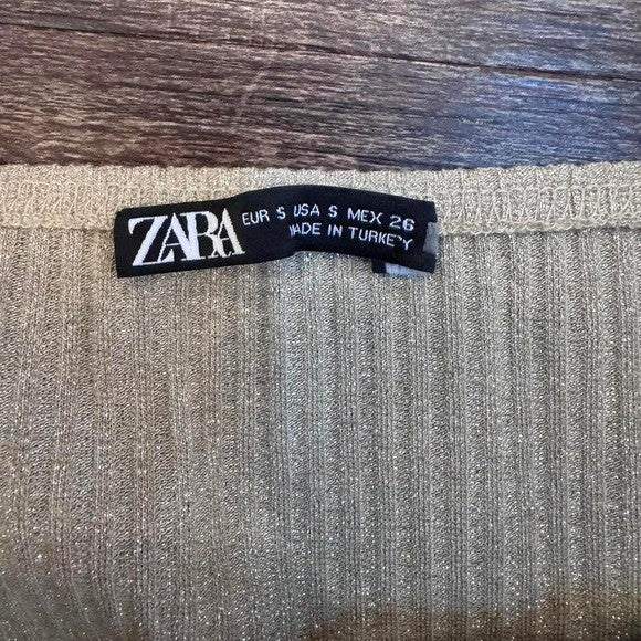 Zara Metallic Ribbed Ruched Long Sleeve Top – Size S