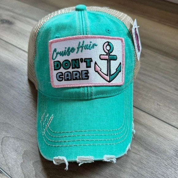 Turquoise and white Cruise Hair Don't Care trucker hat #hairaccessories