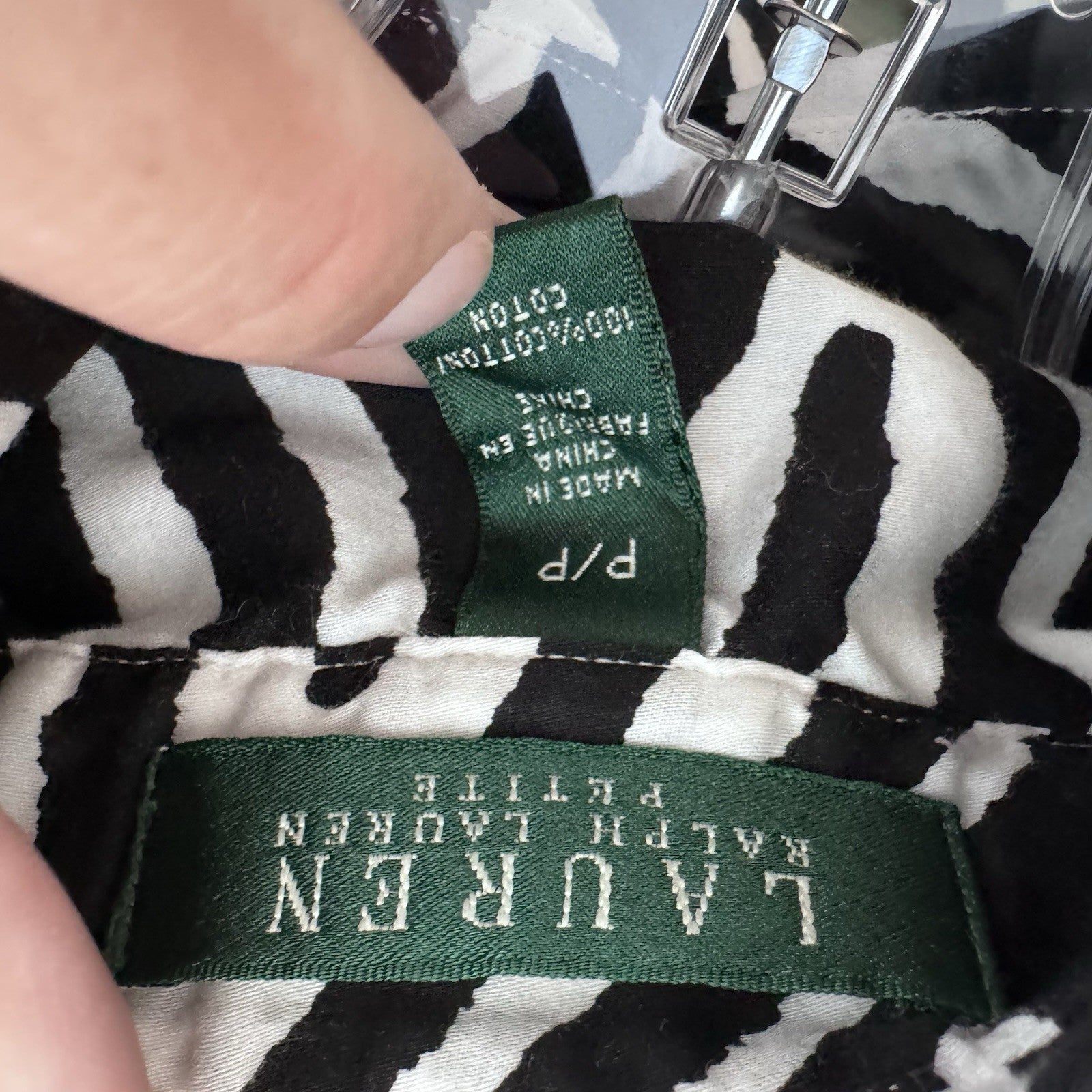 Lauren Ralph Lauren Petite Zebra Print Button Down Shirt Black White P/P