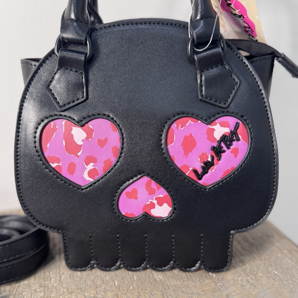Luv Betsey Johnson Skull Crossbody Satchel Purse Black Pink Heart Eyes NWT Goth