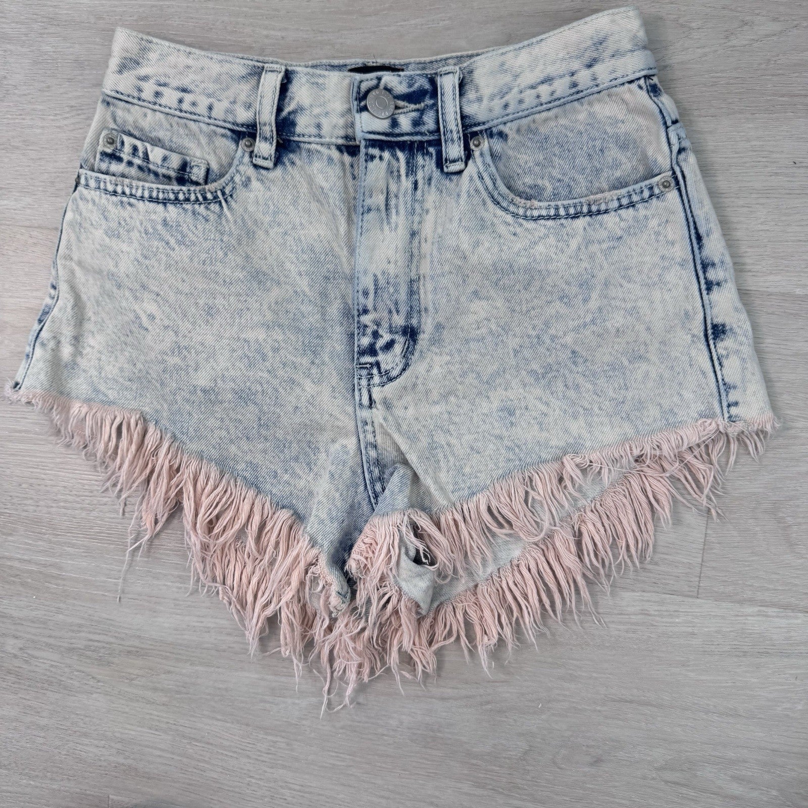 BDG Urban Outfitters High Rise Cheeky Pink Fringe Denim Shorts Acid Wash 25 Y2K