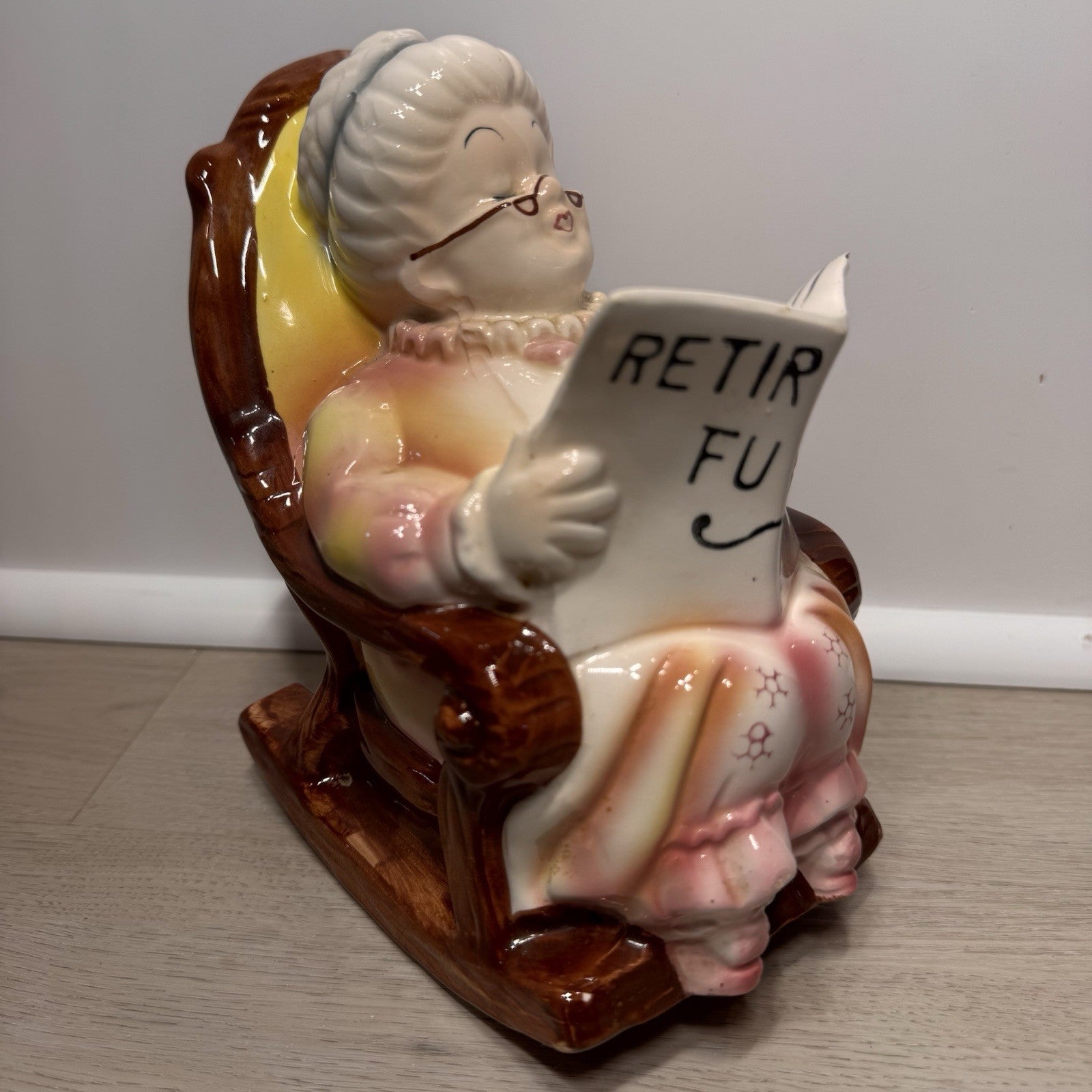 Vintage Lefton Retirement Fund Grandmother Bank Rocking Chair Japan Tag 1960s