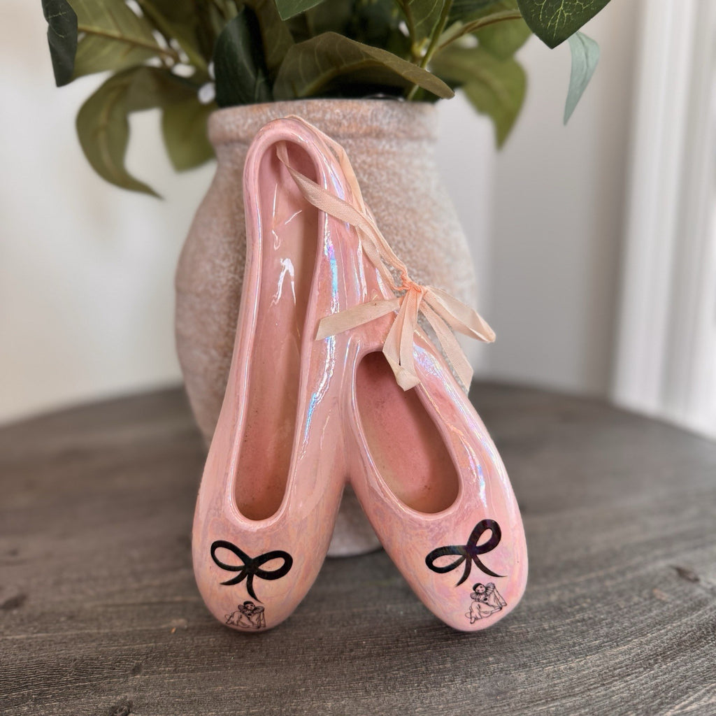 Vintage Iridescent Pink Ballet Slipper Ceramic Dish Pierrot Mime Harlequin Bow