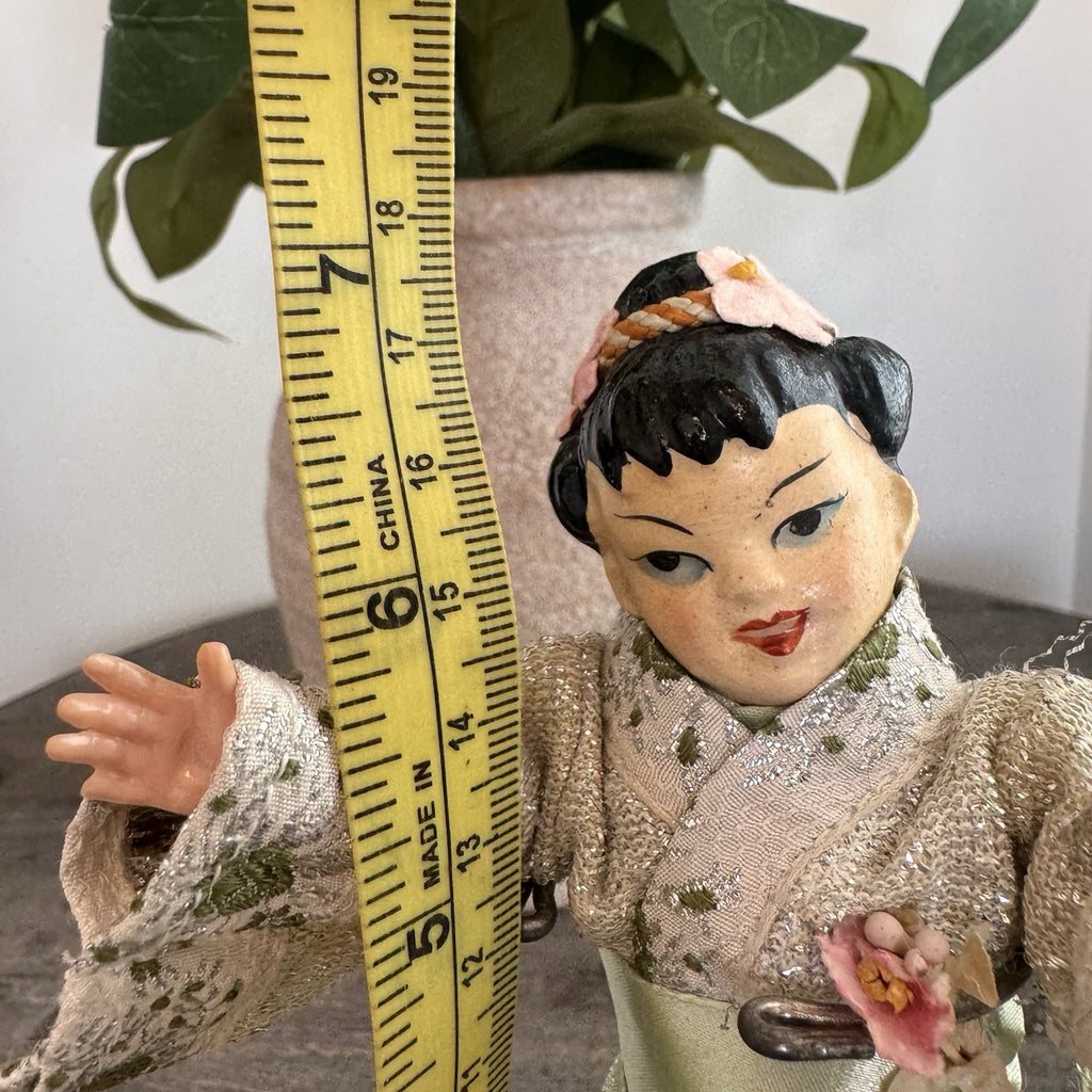 Mid Century Japanese Kimono Doll Hand Painted Face Traditional Dress Souvenir