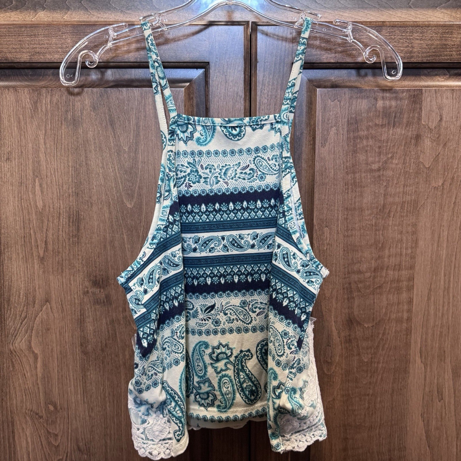 Charlotte Russe Boho Paisley Tank Top M Blue Lace Trim Crop Made in USA
